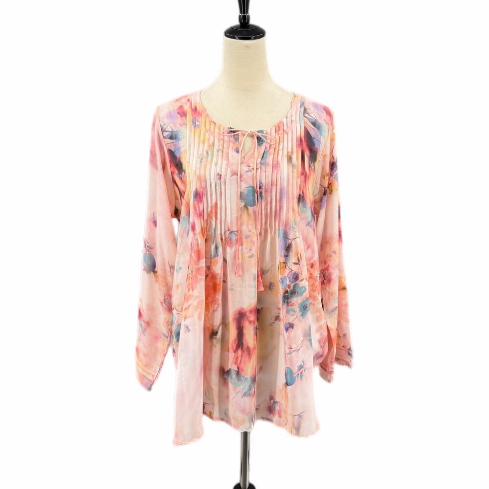 Karyn Seo Pink Silk Blend Floral Watercolor Pleated Long Sleeve Neck Tie Blouse